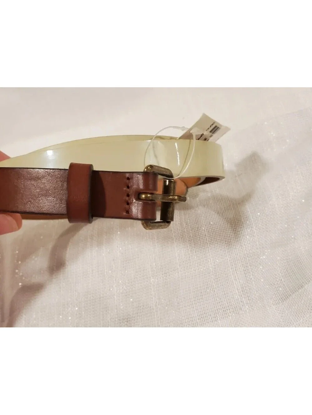 Madewell M/L Medium Large Off White Patent Leather Belt Brown Leather Detail